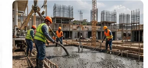 Equipe trabalhando com concreto em obra